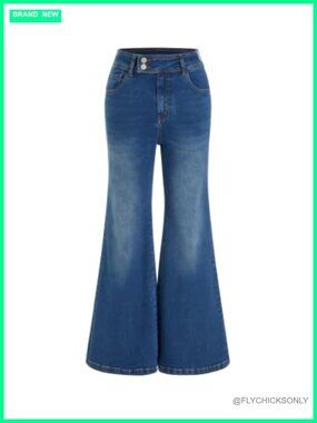 Women's Wide Leg Flare Pull On Jeans Stretchy High Rise Denim with Pockets
